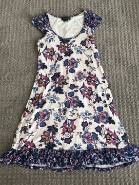 Floral Scoop Neck Summer Dress in White with Blue & Pink Floral Print, L